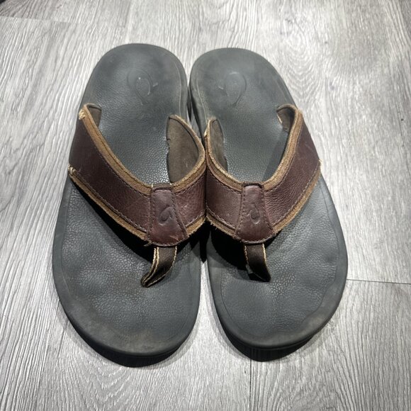 Olukai Kua\'aina Black Brown Leather Espresso Flip Flop Sandals Mens Size 12 main image 5